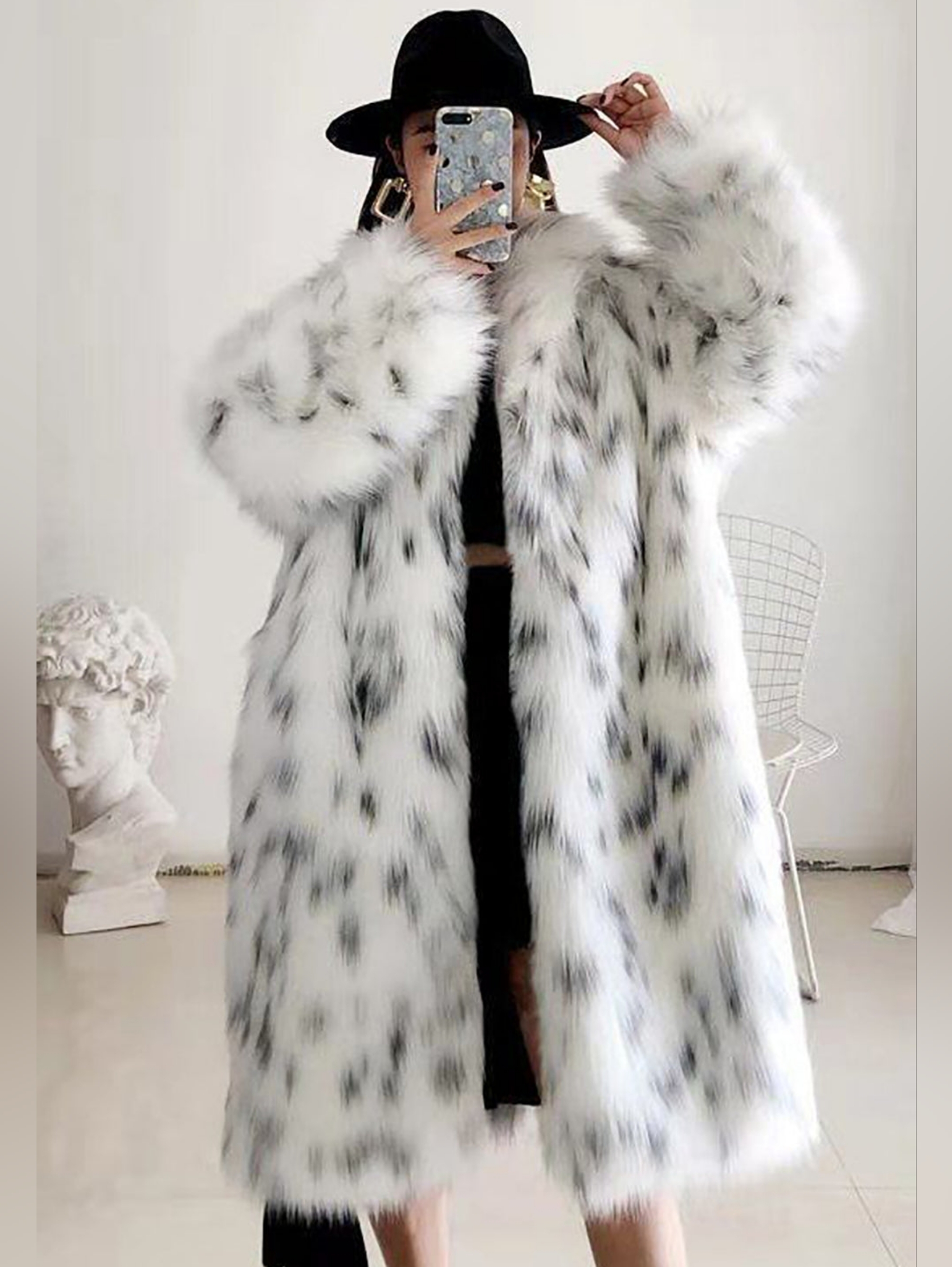 White Faux Fur Coat With Black Speckle Pattern